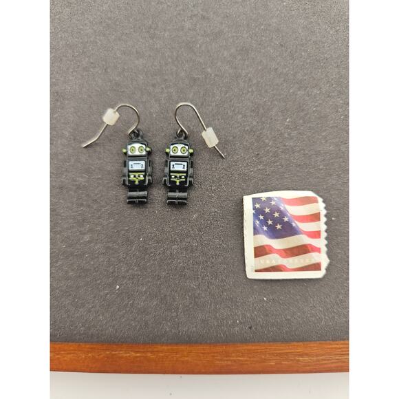 Robot Dangle Drop Hook Earrings Black Enamel BeeBoop Futuristic Kidcore Novelty - Picture 3 of 3